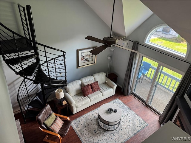 13 Wildflower, Ellicottville, NY 14731 - living area with a wealth of natural light, high vaulted ceiling, wood finished floors, and a ceiling fan