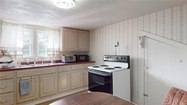 5 E Washington St, Bath, NY 14810 - kitchen featuring wallpapered walls, a sink, and white electric stove