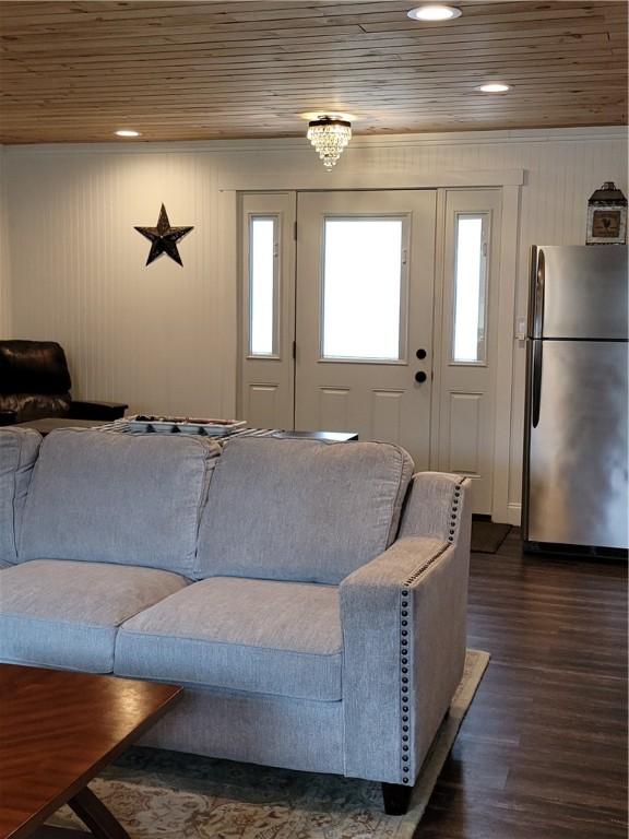 204 Ives Settlement Rd, Guilford, NY 13780 - living room with wooden ceiling, dark wood-style flooring, and recessed lighting