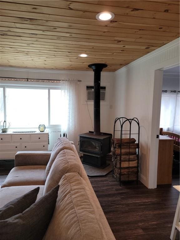 204 Ives Settlement Rd, Guilford, NY 13780 - living room featuring wooden ceiling, ornamental molding, a wood stove, an AC wall unit, and dark wood-style floors