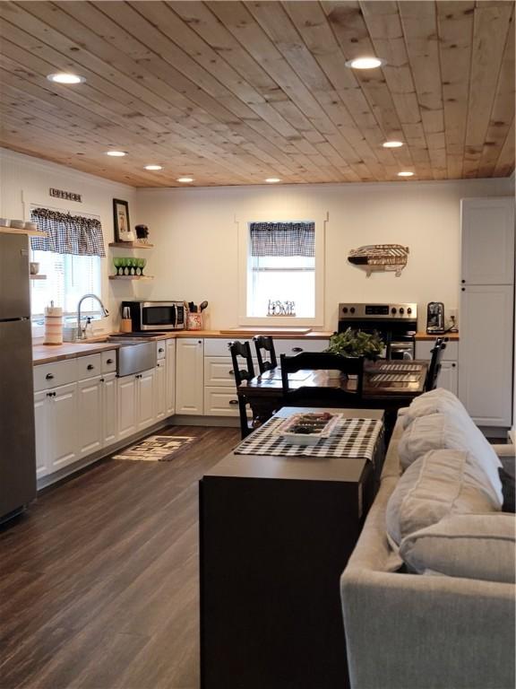 204 Ives Settlement Rd, Guilford, NY 13780 - kitchen with wooden ceiling, a sink, dark wood finished floors, recessed lighting, and stainless steel appliances