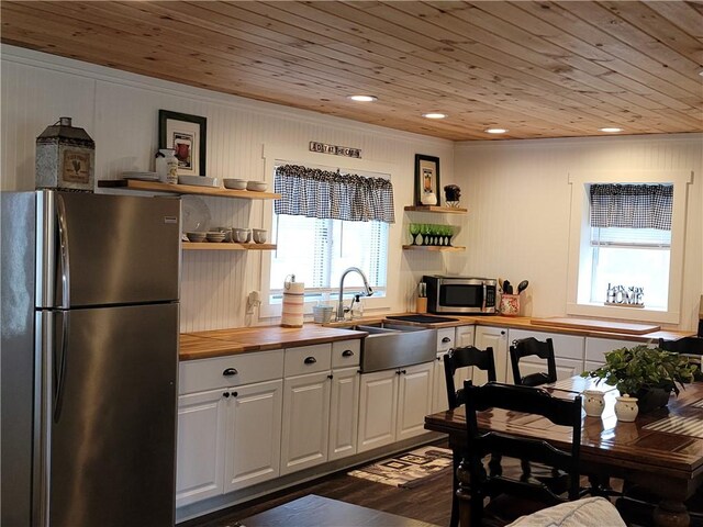 204 Ives Settlement Rd, Guilford, NY 13780 - kitchen with a sink, open shelves, appliances with stainless steel finishes, and butcher block counters