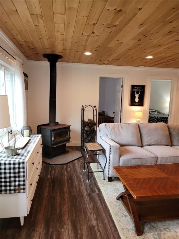 204 Ives Settlement Rd, Guilford, NY 13780 - living area with crown molding, dark wood-style flooring, wood ceiling, and a wood stove
