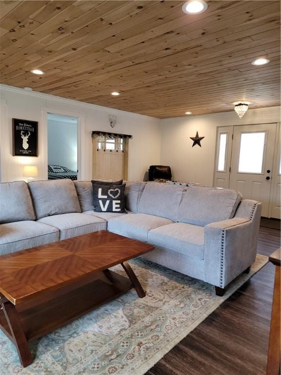 204 Ives Settlement Rd, Guilford, NY 13780 - living room featuring wooden ceiling, dark wood-type flooring, ornamental molding, and recessed lighting