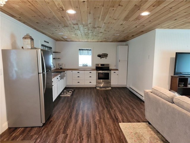 204 Ives Settlement Rd, Guilford, NY 13780 - kitchen with appliances with stainless steel finishes, baseboard heating, ornamental molding, dark wood-style floors, and white cabinets