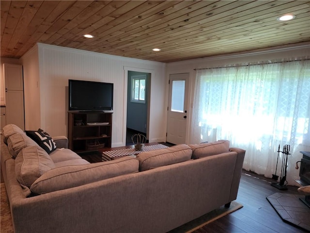 204 Ives Settlement Rd, Guilford, NY 13780 - living area with wooden ceiling, crown molding, dark wood-style floors, and recessed lighting