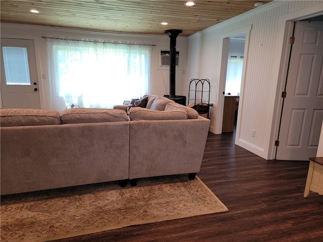 204 Ives Settlement Rd, Guilford, NY 13780 - living area featuring a wood stove, ornamental molding, dark wood-style flooring, recessed lighting, and wood ceiling