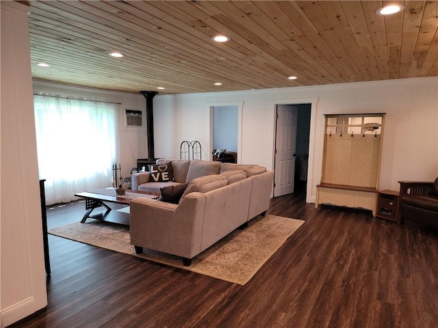 204 Ives Settlement Rd, Guilford, NY 13780 - living area with a wood stove, wood ceiling, dark wood-style flooring, ornamental molding, and recessed lighting
