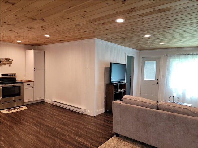 204 Ives Settlement Rd, Guilford, NY 13780 - living room with a baseboard radiator, wooden ceiling, dark wood-type flooring, ornamental molding, and recessed lighting