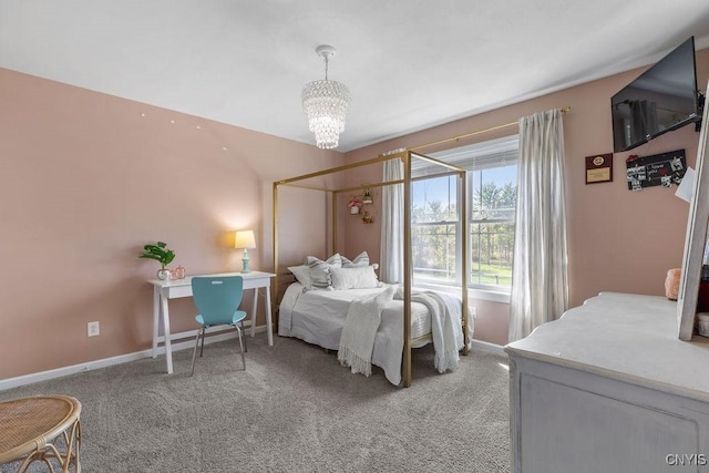 bedroom featuring light colored carpet, a chandelier, and baseboards