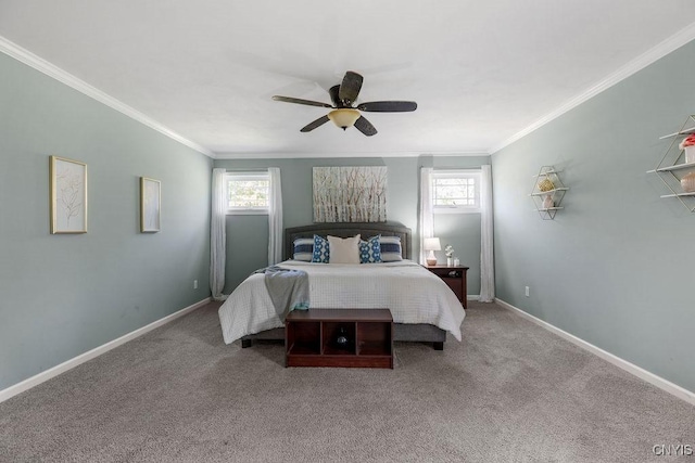 bedroom featuring crown molding, baseboards, and multiple windows