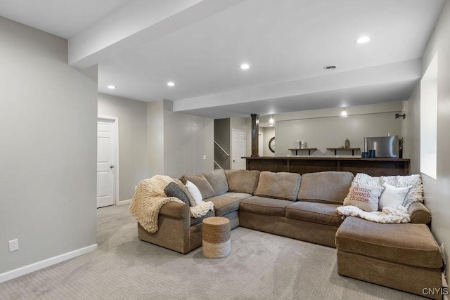 living room with baseboards, recessed lighting, carpet, and stairs
