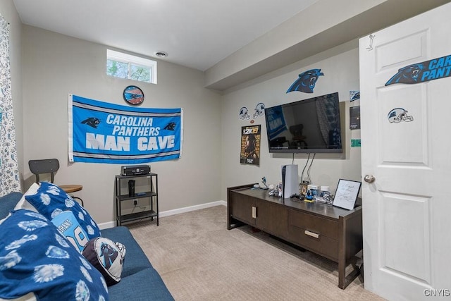 bedroom with visible vents, baseboards, and light colored carpet