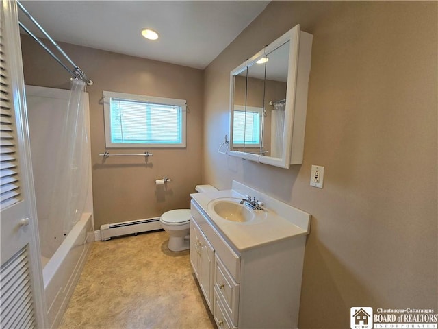 216 S Pleasant St, Shinglehouse, PA 16748 - full bath featuring vanity, baseboard heating, recessed lighting, toilet, and shower / bath combo with shower curtain