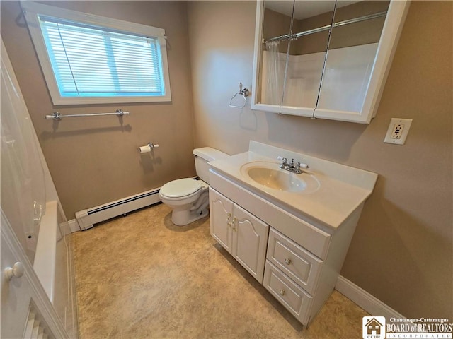 216 S Pleasant St, Shinglehouse, PA 16748 - bathroom featuring baseboards, curtained shower, toilet, baseboard heating, and vanity