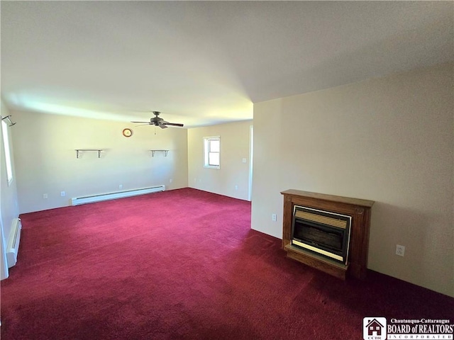 216 S Pleasant St, Shinglehouse, PA 16748 - unfurnished living room featuring a ceiling fan, a glass covered fireplace, a baseboard heating unit, a baseboard radiator, and dark colored carpet