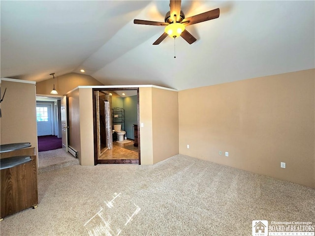 216 S Pleasant St, Shinglehouse, PA 16748 - interior space featuring carpet flooring, baseboard heating, ceiling fan, and lofted ceiling