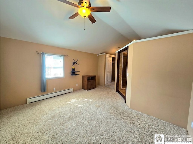 216 S Pleasant St, Shinglehouse, PA 16748 - carpeted spare room featuring a baseboard radiator, ceiling fan, and lofted ceiling