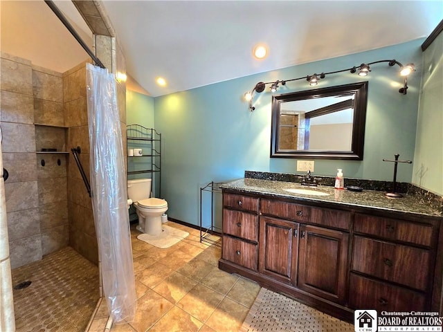 216 S Pleasant St, Shinglehouse, PA 16748 - full bath with vanity, vaulted ceiling, tile patterned flooring, toilet, and tiled shower