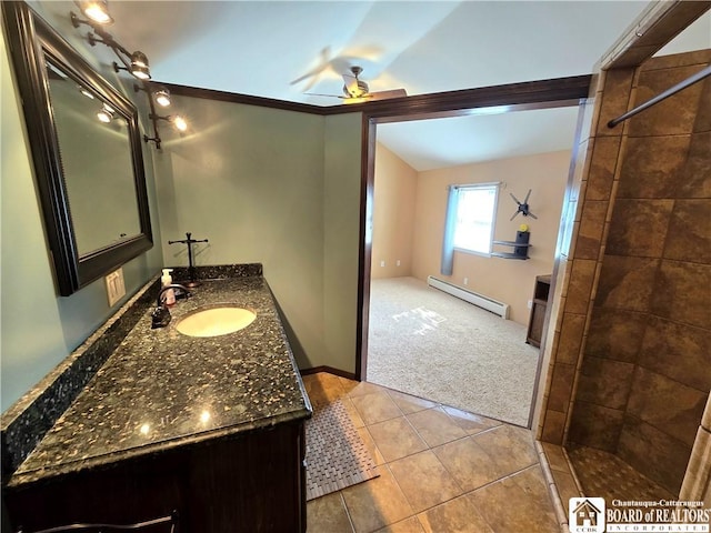216 S Pleasant St, Shinglehouse, PA 16748 - full bathroom featuring a baseboard radiator, tiled shower, ceiling fan, and vanity