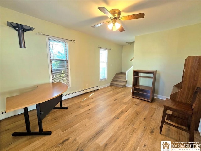 216 S Pleasant St, Shinglehouse, PA 16748 - sitting room featuring baseboards, ceiling fan, stairway, wood finished floors, and a baseboard heating unit