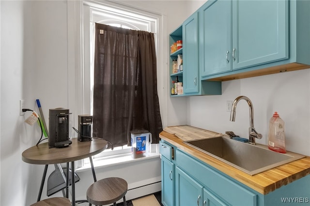 153 Allen St, Buffalo, NY 14201 - kitchen with butcher block countertops, a sink, blue cabinetry, and open shelves