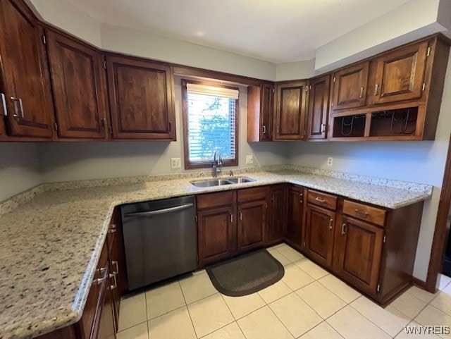 kitchen with a sink, open shelves, light tile patterned floors, and dishwasher