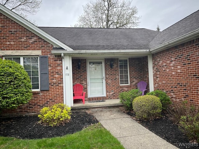 view of exterior entry featuring brick siding and a shingled roof