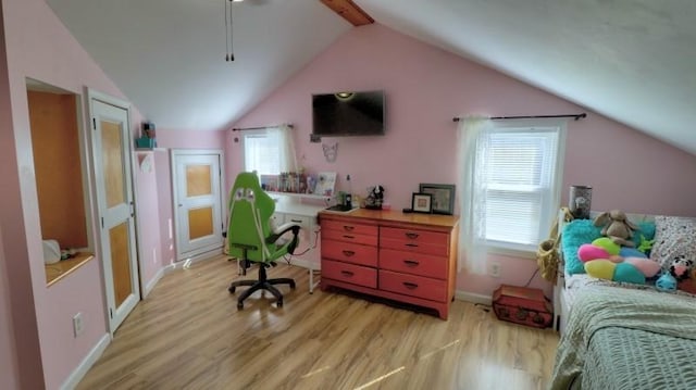 bedroom featuring ceiling fan, light wood-style flooring, baseboards, and lofted ceiling with beams