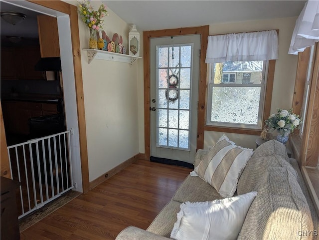 doorway to outside featuring wood finished floors, baseboards, and plenty of natural light
