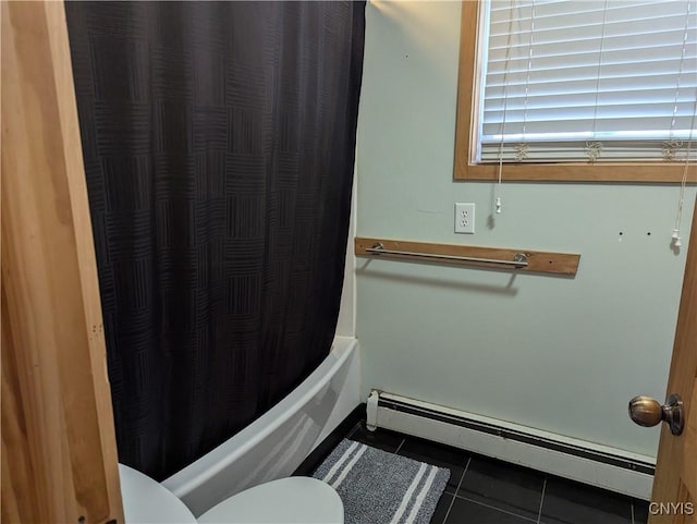 bathroom with toilet, shower / tub combo, tile patterned floors, and a baseboard heating unit