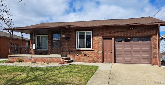 2588 Parkview Dr, Niagara Falls, NY 14305 - view of front of house with brick siding, an attached garage, covered porch, and roof with shingles