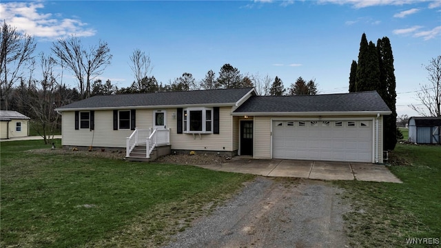 ranch-style home with dirt driveway, an attached garage, and a front lawn