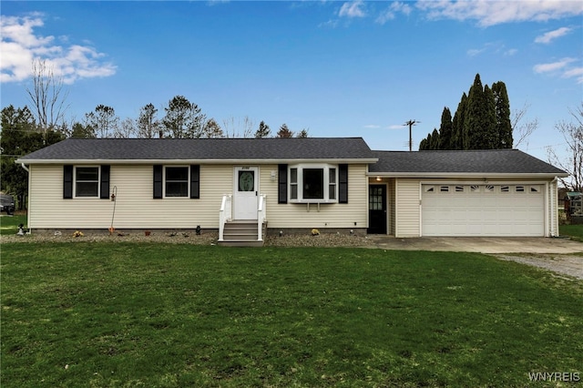 single story home featuring driveway, an attached garage, and a front lawn