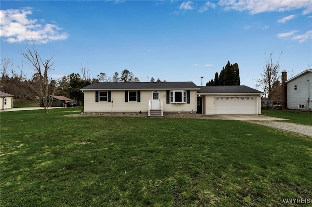 single story home with dirt driveway, an attached garage, crawl space, and a front lawn