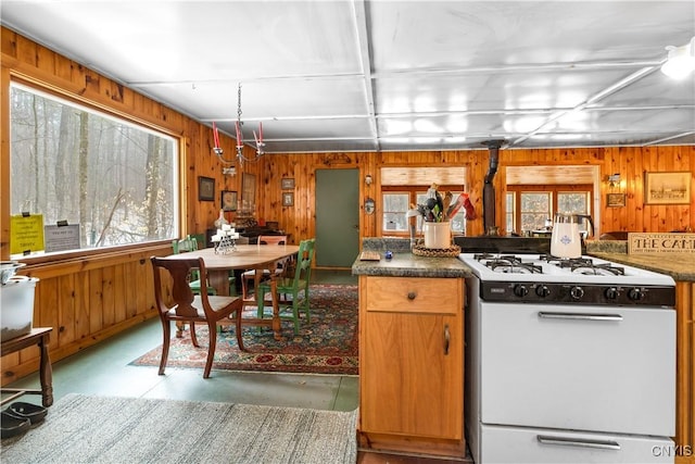 172 Green St, Ephratah, NY 13452 - kitchen with wooden walls, finished concrete flooring, and white gas range oven