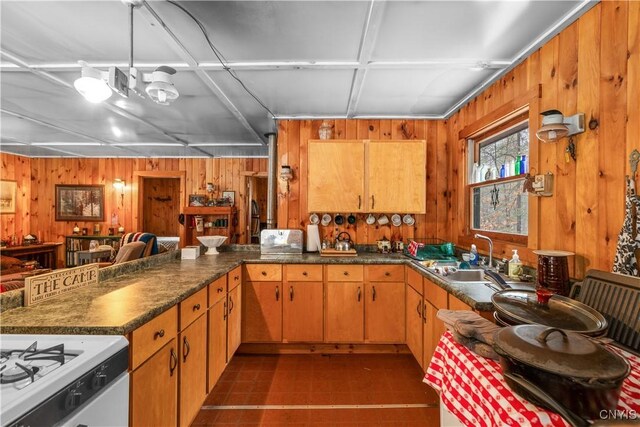 172 Green St, Ephratah, NY 13452 - kitchen featuring a peninsula, wood walls, a sink, dark countertops, and open floor plan