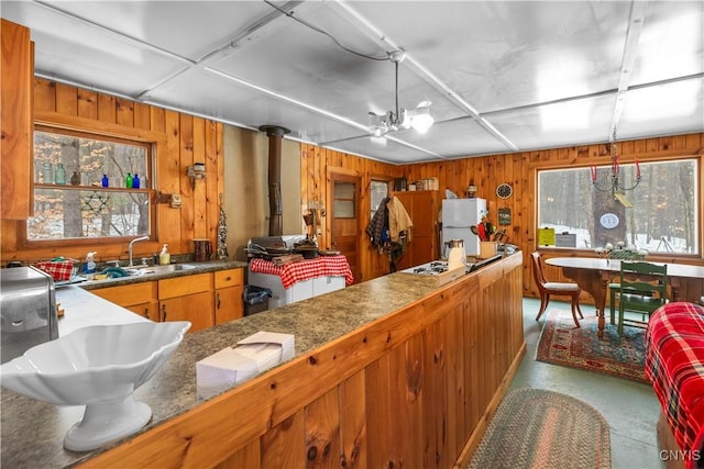 172 Green St, Ephratah, NY 13452 - kitchen with concrete floors, wooden walls, freestanding refrigerator, a wood stove, and a sink