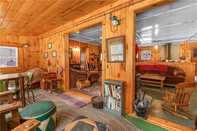 172 Green St, Ephratah, NY 13452 - living room featuring wooden walls and wood ceiling