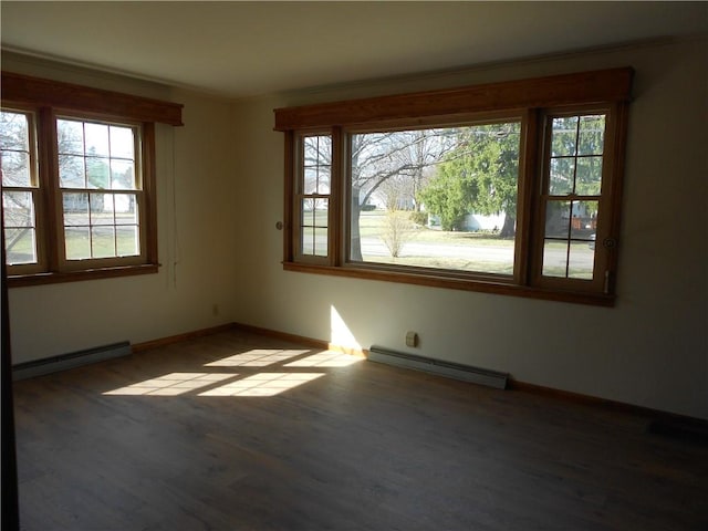 613 Hatfield St, Horseheads, NY 14845 - empty room with baseboard heating, a baseboard radiator, wood finished floors, and a healthy amount of sunlight