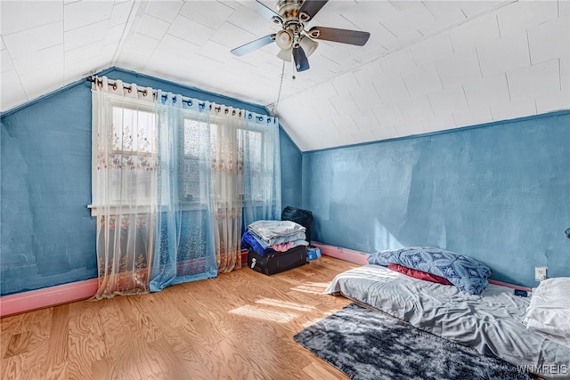 43 Freund St, Buffalo, NY 14211 - bedroom with ceiling fan, baseboards, vaulted ceiling, and wood finished floors
