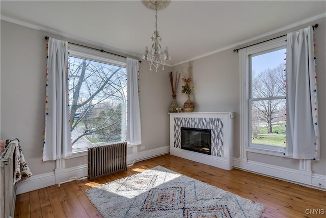 11853 State Route 12e, Lyme, NY 13622 - living area featuring ornamental molding, a wealth of natural light, radiator, and a notable chandelier