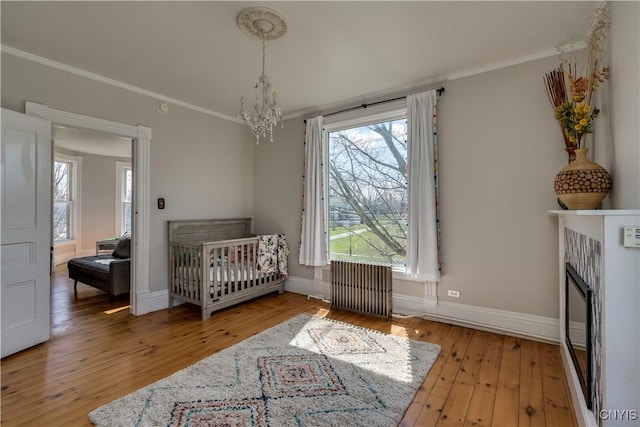 11853 State Route 12e, Lyme, NY 13622 - bedroom with ornamental molding, radiator heating unit, wood-type flooring, and a notable chandelier