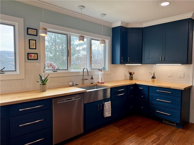 11 Cedar St, Oneonta-City, NY 13820 - kitchen featuring dark wood-style flooring, ornamental molding, blue cabinetry, wooden counters, and stainless steel dishwasher