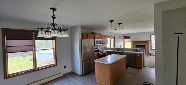 kitchen featuring a sink, a baseboard radiator, a chandelier, wood finished floors, and stainless steel appliances