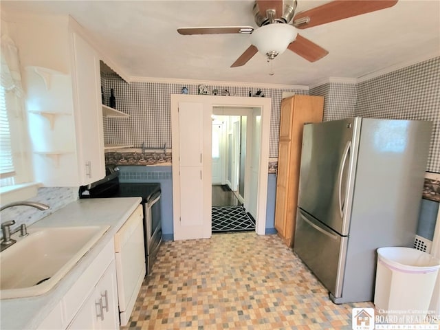 85 Dearborn St, Jamestown, NY 14701 - kitchen with open shelves, a sink, light countertops, white cabinetry, and stainless steel appliances