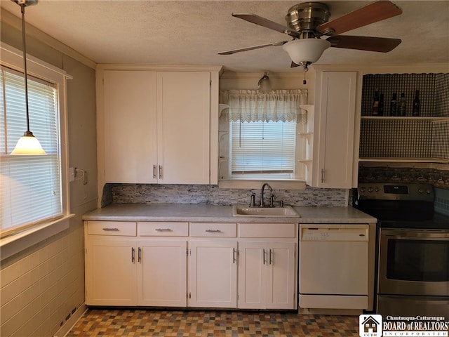 85 Dearborn St, Jamestown, NY 14701 - kitchen featuring white cabinetry, stainless steel electric range oven, open shelves, white dishwasher, and a sink