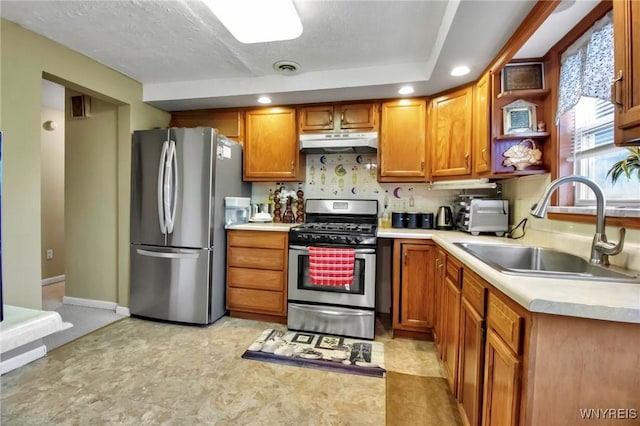 4757 N Bailey Ave, Amherst, NY 14226 - kitchen featuring light countertops, open shelves, under cabinet range hood, stainless steel appliances, and a sink