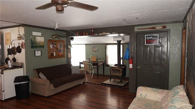50 Apache Springs Rd, Boylston, NY 13083 - living area with a wood stove, a ceiling fan, and wood finished floors