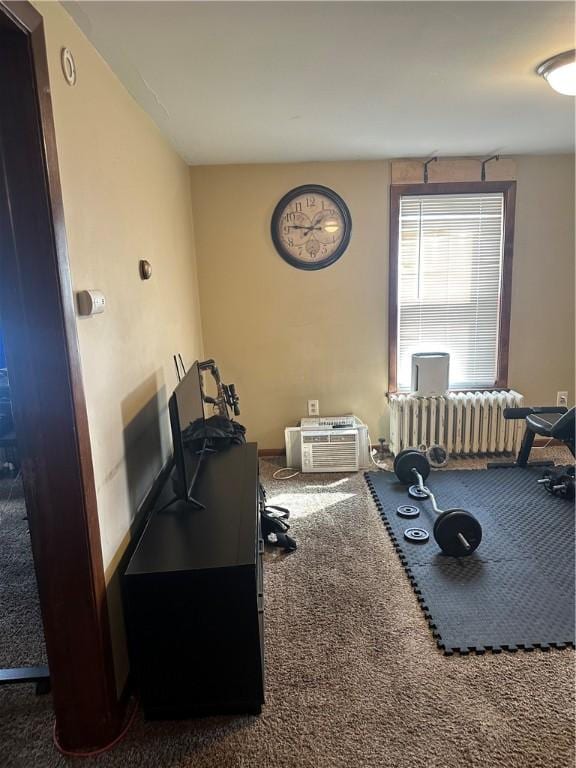 exercise area with radiator and carpet